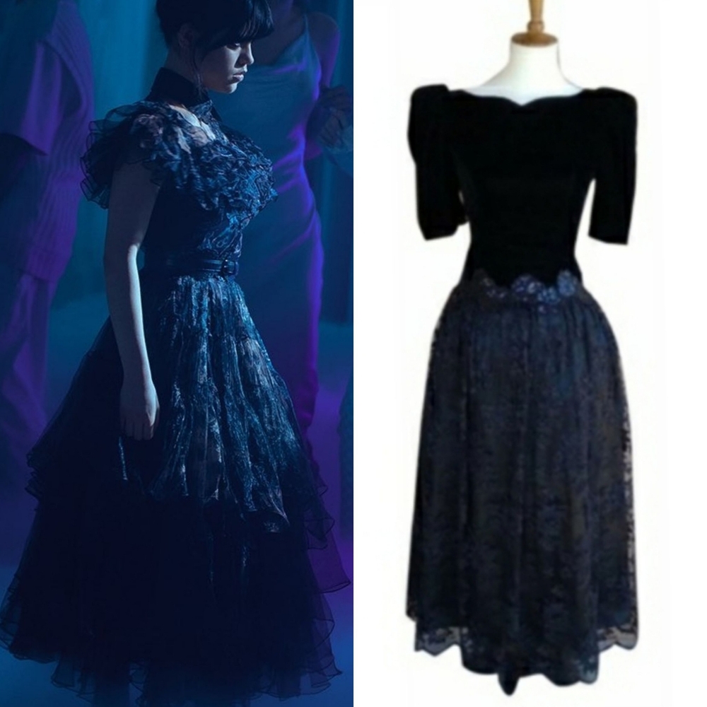 Vintage Wednesday Addams Whimsigoth Alternative Black Velvet‎ Lace  Midi Dress